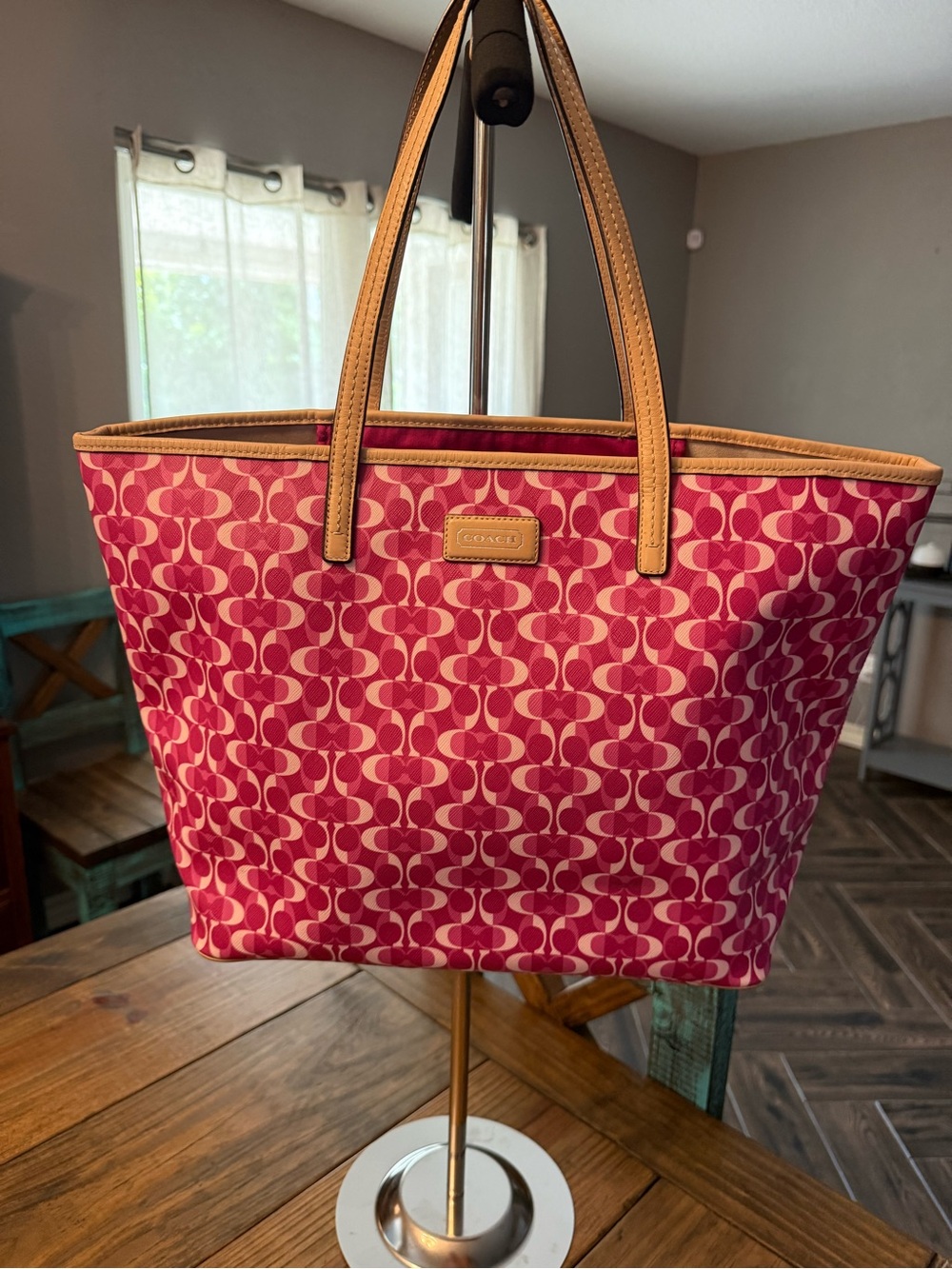 Coach Pink Signature Canvas Tote with Tan Leather Trim